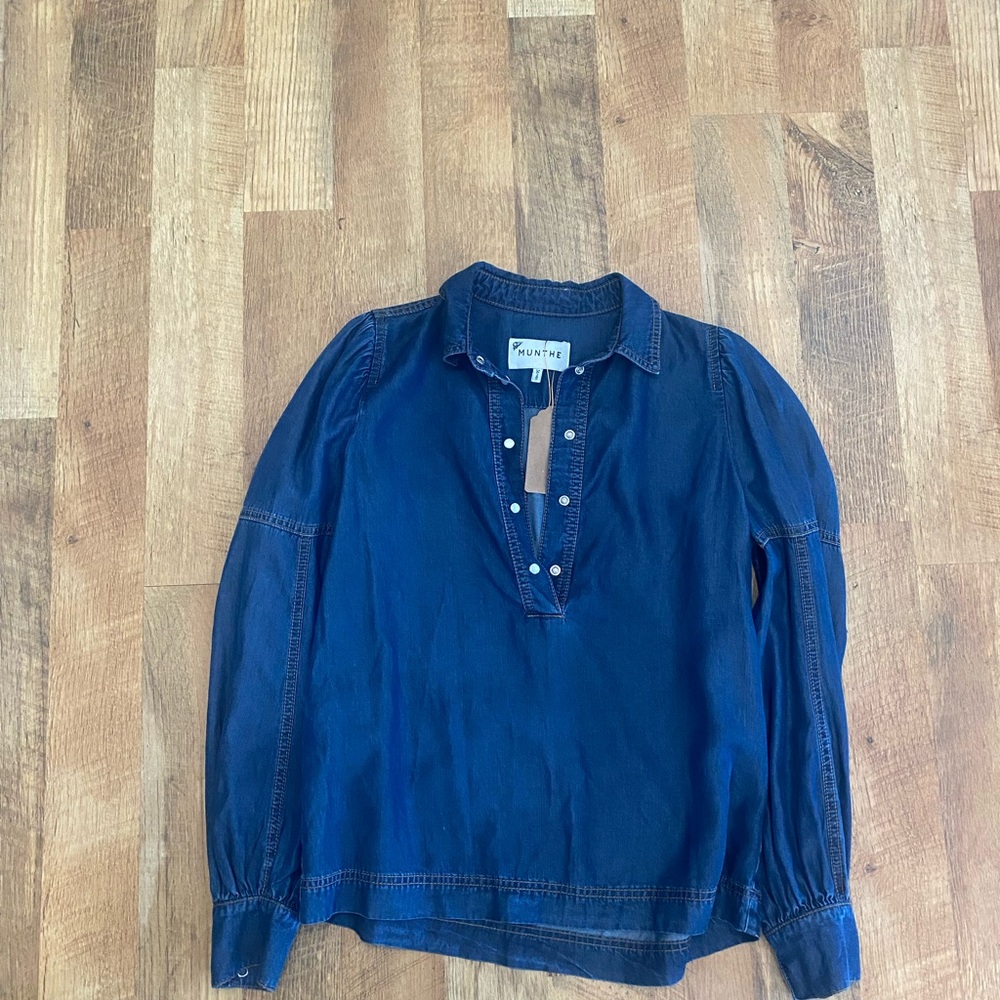 MUNTHE Navy Button-Placket Long-Sleeve Top